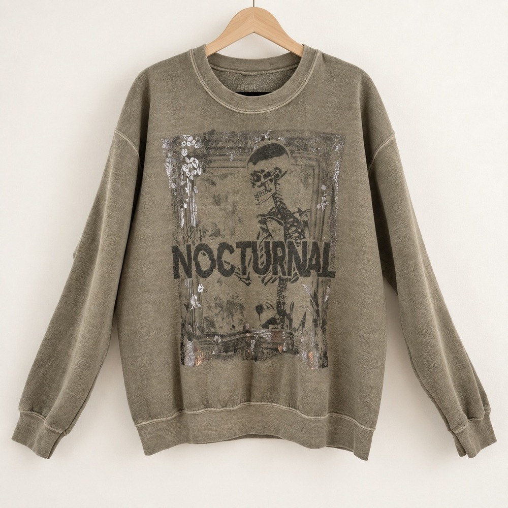 Social Collision Nocturnal Skeleton Graphic Sweatshirt Men S/M Grunge Goth Olive